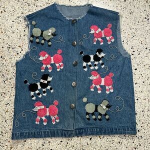 Vintage embroidered poodle pink blue black medium m denim Jean vest